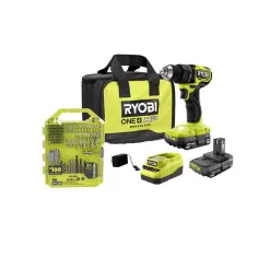 RYOBI PSBDD01K-A989504 ONE+ HP 18V Brushless Cordless Compact 1/2 in. Drill/Driver Kit with (2) 1.5 Ah Batteries, Charger, Bag, & 95PC Bit Set