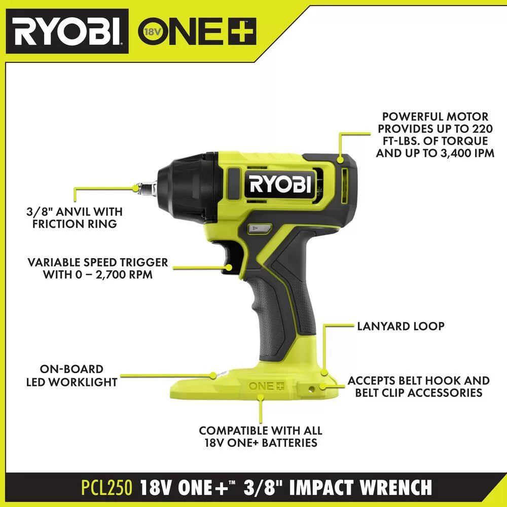 RYOBI P261-PCL250B ONE+ 18V Cordless 2-Tool Combo Kit with 3-Speed 1/2 in. Impact Wrench and 3/8 in. Impact Wrench (Tools Only)