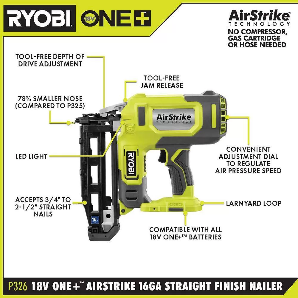 RYOBI P326-PCL206K2 ONE+ 18V Cordless 2-Tool Combo Kit w/ 1/2 in. Drill/Driver, 16-Gauge Finish Nailer, (2) 1.5 Ah Batteries, and Charger