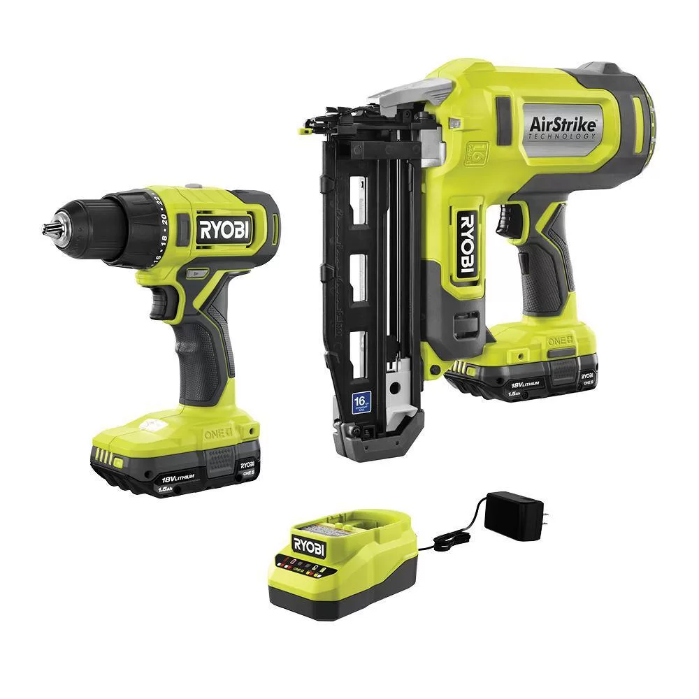 RYOBI P326-PCL206K2 ONE+ 18V Cordless 2-Tool Combo Kit w/ 1/2 in. Drill/Driver, 16-Gauge Finish Nailer, (2) 1.5 Ah Batteries, and Charger