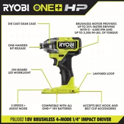 RYOBI PBLCK02K ONE+ HP 18V Brushless Cordless 1/2 in. Hammer Drill and 1/4 in 4-Mode Impact Driver Kit w/ (2) Batteries, Charger, & Bag