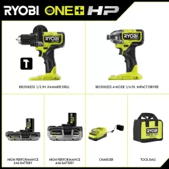 RYOBI PBLCK02K ONE+ HP 18V Brushless Cordless 1/2 in. Hammer Drill and 1/4 in 4-Mode Impact Driver Kit w/ (2) Batteries, Charger, & Bag