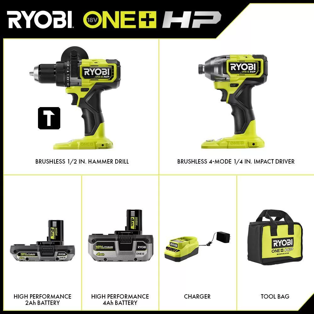RYOBI PBLCK02K ONE+ HP 18V Brushless Cordless 1/2 in. Hammer Drill and 1/4 in 4-Mode Impact Driver Kit w/ (2) Batteries, Charger, & Bag