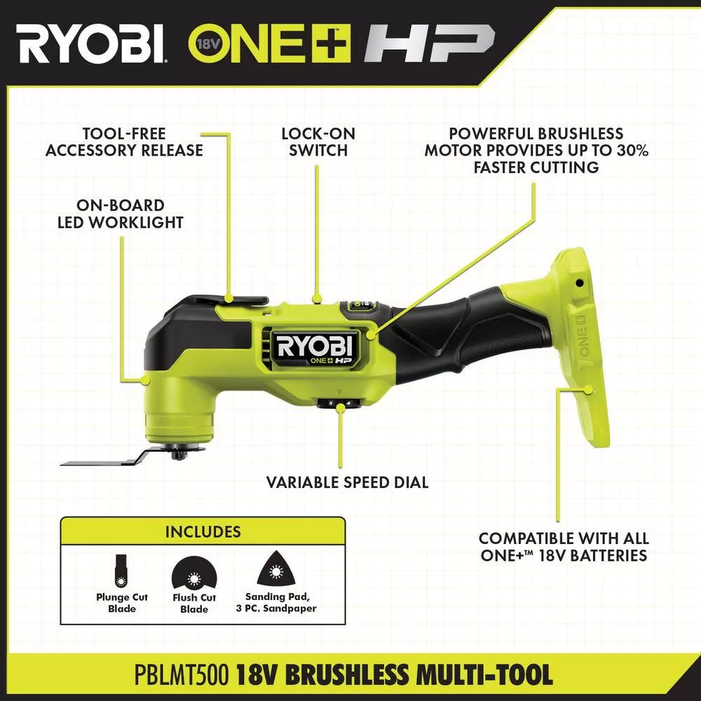 RYOBI PBLCK303K ONE+ HP 18V Brushless Cordless Combo Kit (3-Tool) with (2) HIGH PERFORMANCE Batteries, Charger, and Bag