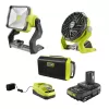 RYOBI PCL1304K1N ONE+ 18V Cordless 3-Tool Campers Combo Kit with Work Light, Speaker, Fan, 1.5 Ah Battery, and Charger