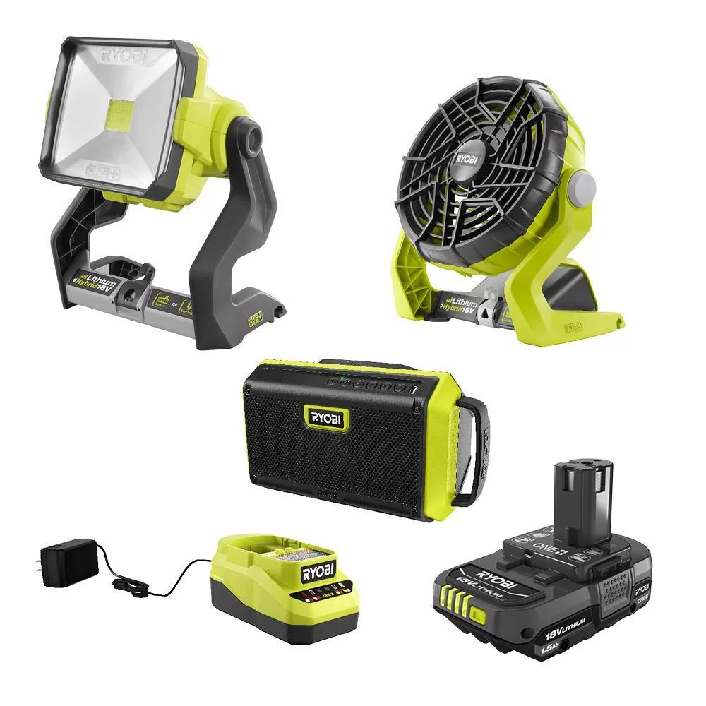 RYOBI PCL1304K1N ONE+ 18V Cordless 3-Tool Campers Combo Kit with Work Light, Speaker, Fan, 1.5 Ah Battery, and Charger