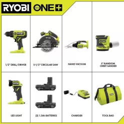Ryobi PCL1503K2 ONE+ 18V Cordless 5-Tool Combo Kit with (2) 1.5 Ah Batteries, Charger, and Tool Bag