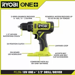 RYOBI PCL1600K2-A986501 ONE+ 18V Cordless 6-Tool Combo Kit with 1.5 Ah and 4.0 Ah Batteries, Charger