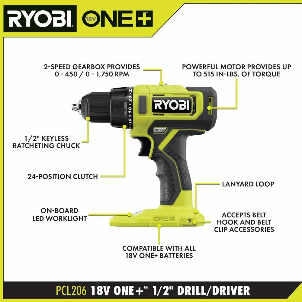 RYOBI PCL1600K2-A986501 ONE+ 18V Cordless 6-Tool Combo Kit with 1.5 Ah and 4.0 Ah Batteries, Charger