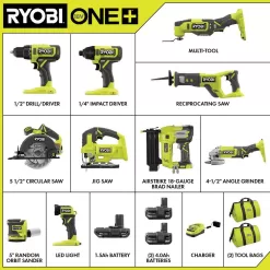 RYOBI PCL2001K3N ONE+ 18V 10-Tool Combo Kit with (1) 1.5 Ah Battery and (2) 4.0 Ah Batteries and Charger