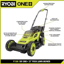 RYOBI P1108BTL ONE+ 18V 13 in. Cordless Battery Walk Behind Push Lawn Mower (Tool Only)