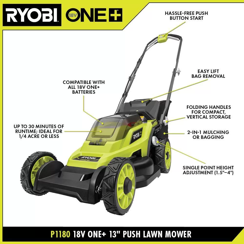 RYOBI P1108BTL ONE+ 18V 13 in. Cordless Battery Walk Behind Push Lawn Mower (Tool Only)