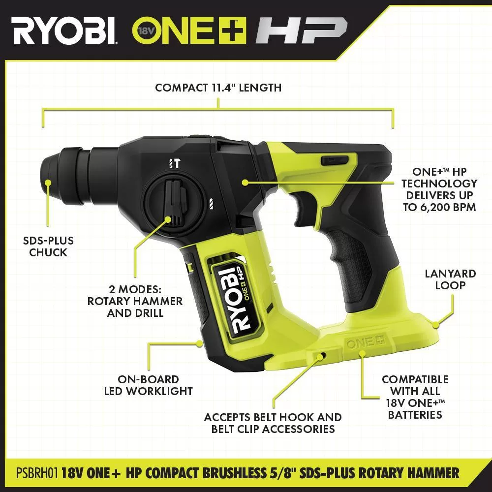 RYOBI PSBRH01B ONE+ HP 18V Brushless Cordless Compact 5/8 in. SDS Rotary Hammer (Tool Only)
