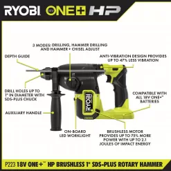 RYOBI PSBRH01K1 ONE+ HP 18V Brushless Cordless Compact 5/8 in. SDS Rotary Hammer Kit with 2.0 Ah HIGH PERFORMANCE Battery and Charger