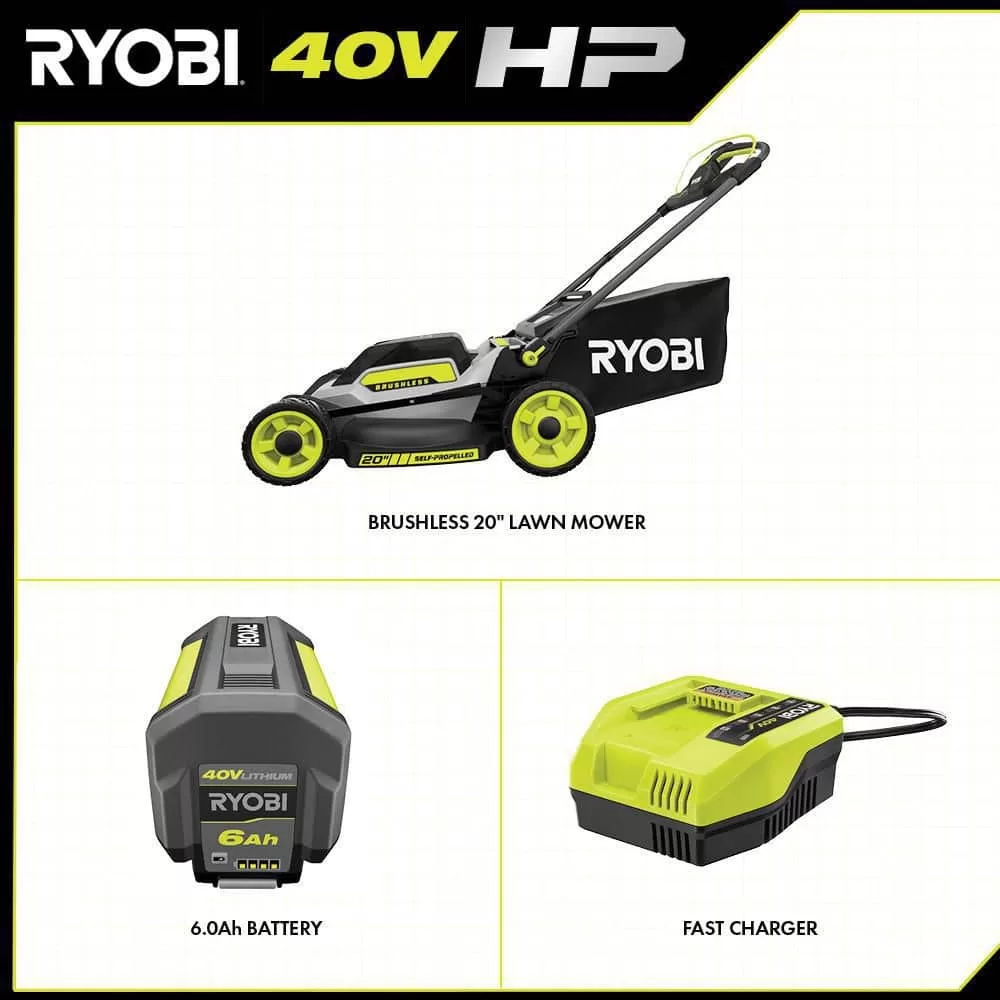 RYOBI RY401180 40V HP Brushless 20 in. Cordless Electric Battery Walk Behind Self-Propelled Mower with 6.0 Ah Battery and Charger