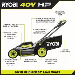 RYOBI RY401180 40V HP Brushless 20 in. Cordless Electric Battery Walk Behind Self-Propelled Mower with 6.0 Ah Battery and Charger