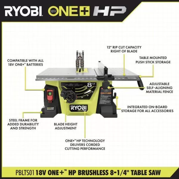 RYOBI PBLTS01K ONE+ HP 18V Brushless Cordless 8-1/4 in. Compact Portable Jobsite Table Saw Kit with (2) 4.0 Ah Batteries and Charger