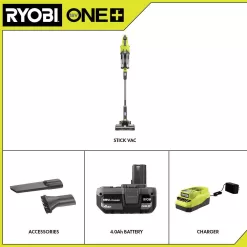 RYOBI PCL720K ONE+ 18V Cordless Stick Vacuum Cleaner Kit with 4.0 Ah Battery and Charger