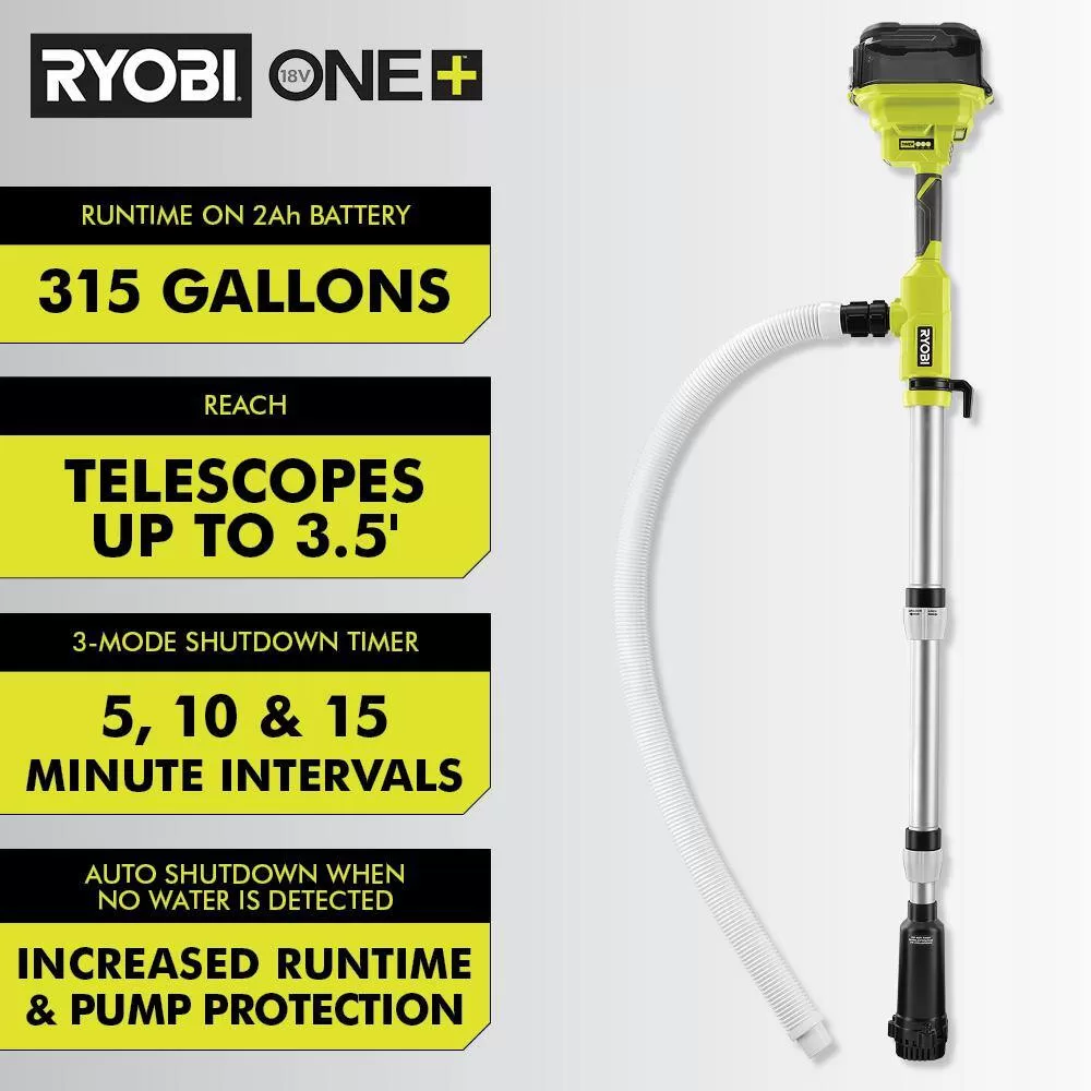 RYOBI RY20UP022K ONE+ 18V Cordless 1/6 HP Telescoping Pole Pump with 2.0 Ah Battery and Charger