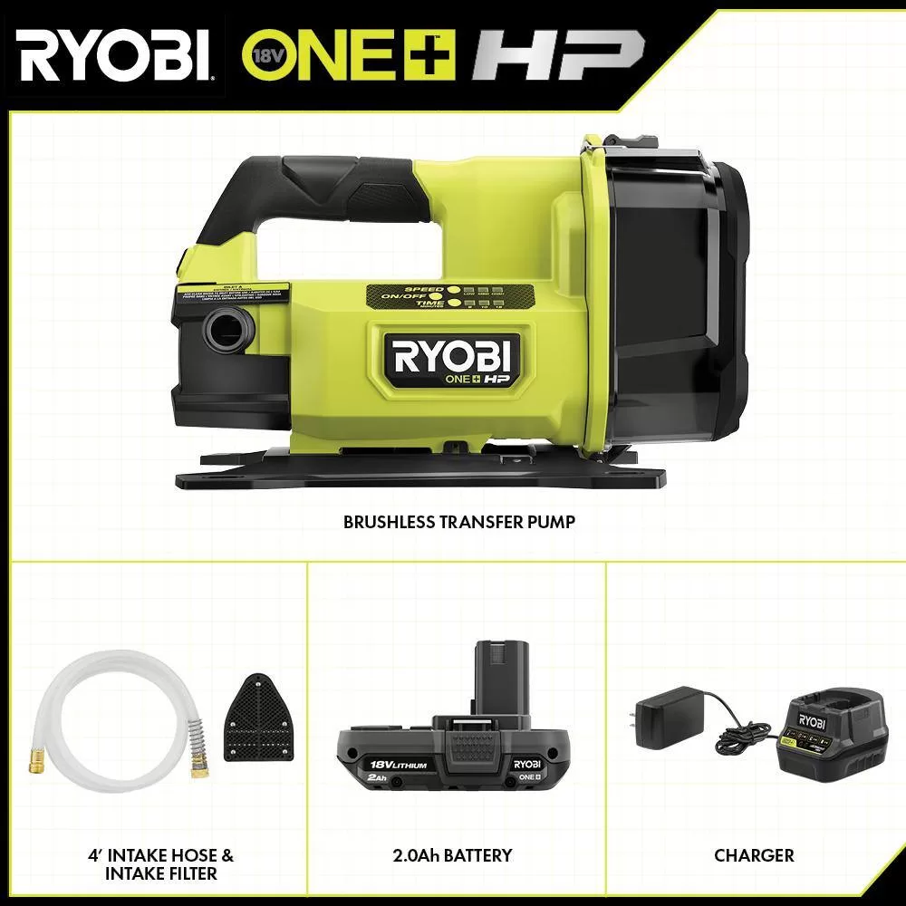 RYOBI RY20WP182K ONE+ HP 18V 1/4 hp Cordless Battery Powered Transfer Pump with 2.0 Ah Battery and Charger