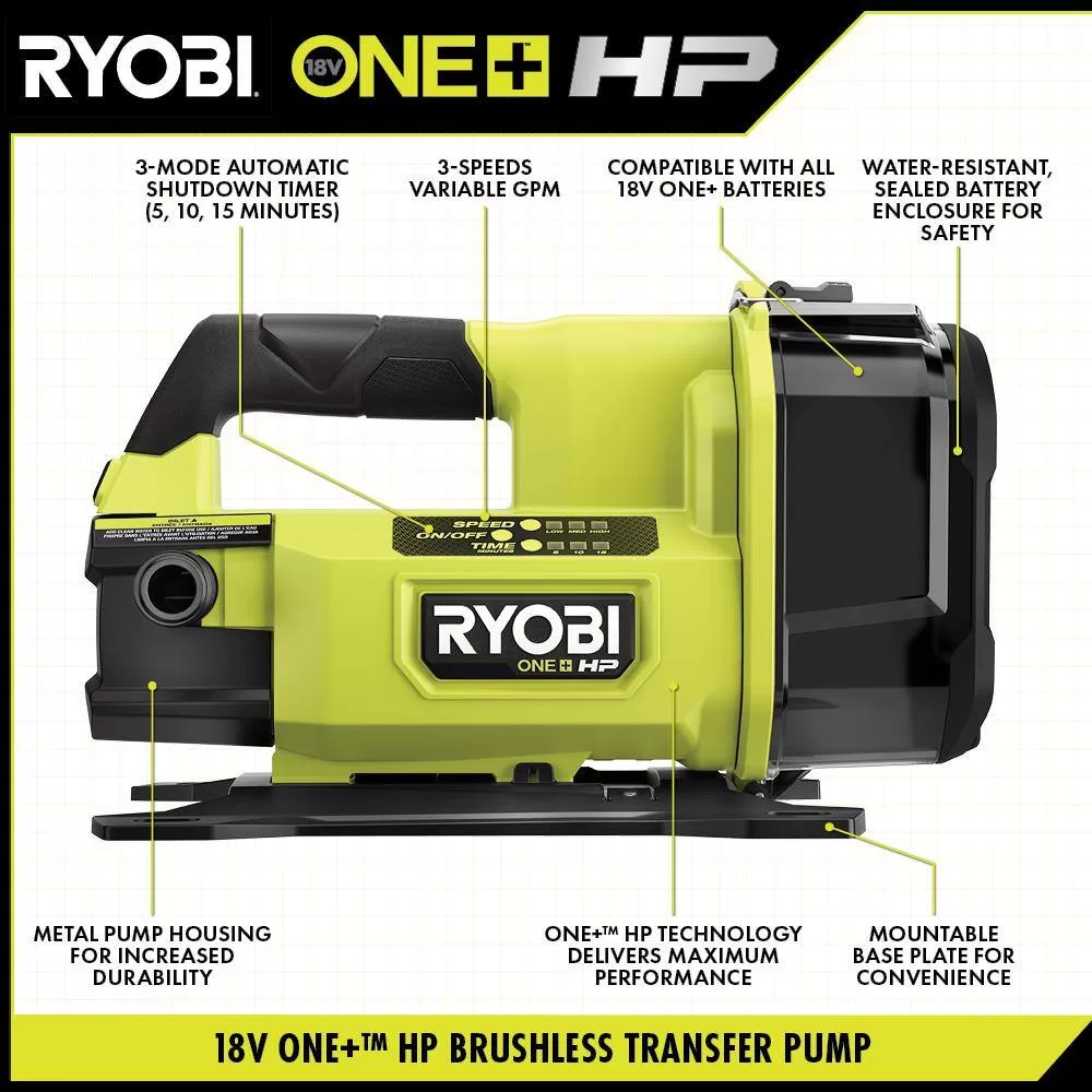 RYOBI RY20WP182K ONE+ HP 18V 1/4 hp Cordless Battery Powered Transfer Pump with 2.0 Ah Battery and Charger