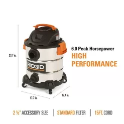 RIDGID WD1060 10 Gal. 6.0-Peak HP Stainless Steel Wet/Dry Shop Vacuum with Filter, Hose and Accessories