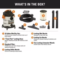 RIDGID WD1060 10 Gal. 6.0-Peak HP Stainless Steel Wet/Dry Shop Vacuum with Filter, Hose and Accessories