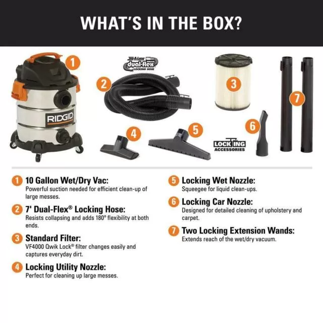 RIDGID WD1060 10 Gal. 6.0-Peak HP Stainless Steel Wet/Dry Shop Vacuum with Filter, Hose and Accessories