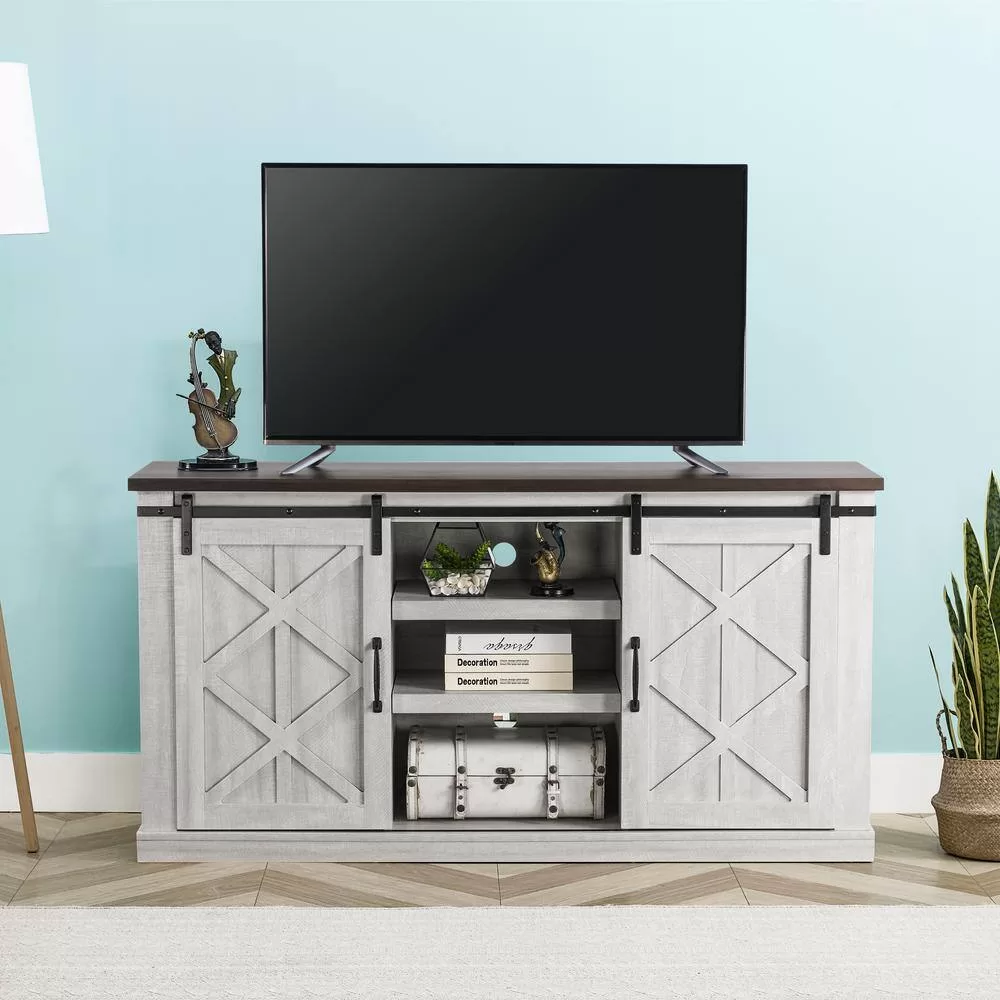 FESTIVO 58 in. Saw Cut-Off White TV Stand for TVs Up to 65 in.