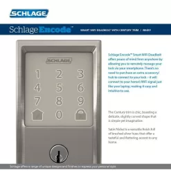 Schlage BE489WB CEN 619 Century Encode Smart WiFi Door Lock with Alarm in Satin Nickel
