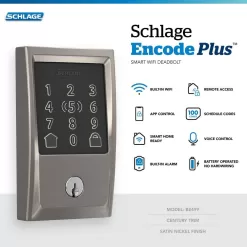 Schlage BE499WB V CEN 619 Century Satin Nickel Electronic Encode Plus Smart WiFi Deadbolt with Alarm