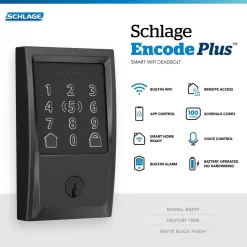 Schlage BE499WB V CEN 622 Century Matte Black Electronic Encode Plus Smart WiFi Deadbolt with Alarm
