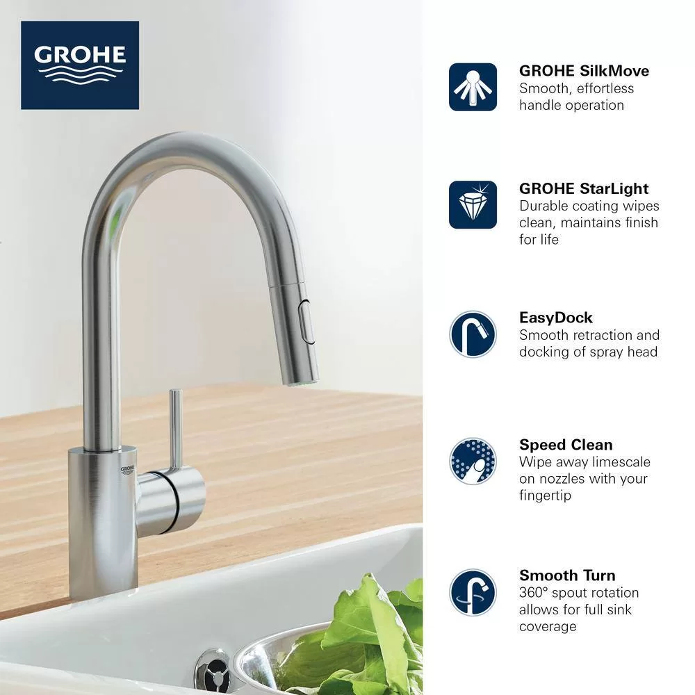 GROHE Concetto Single-Handle Pull-Out Sprayer Kitchen Faucet 1.75 GPM in Super Steel Infinity