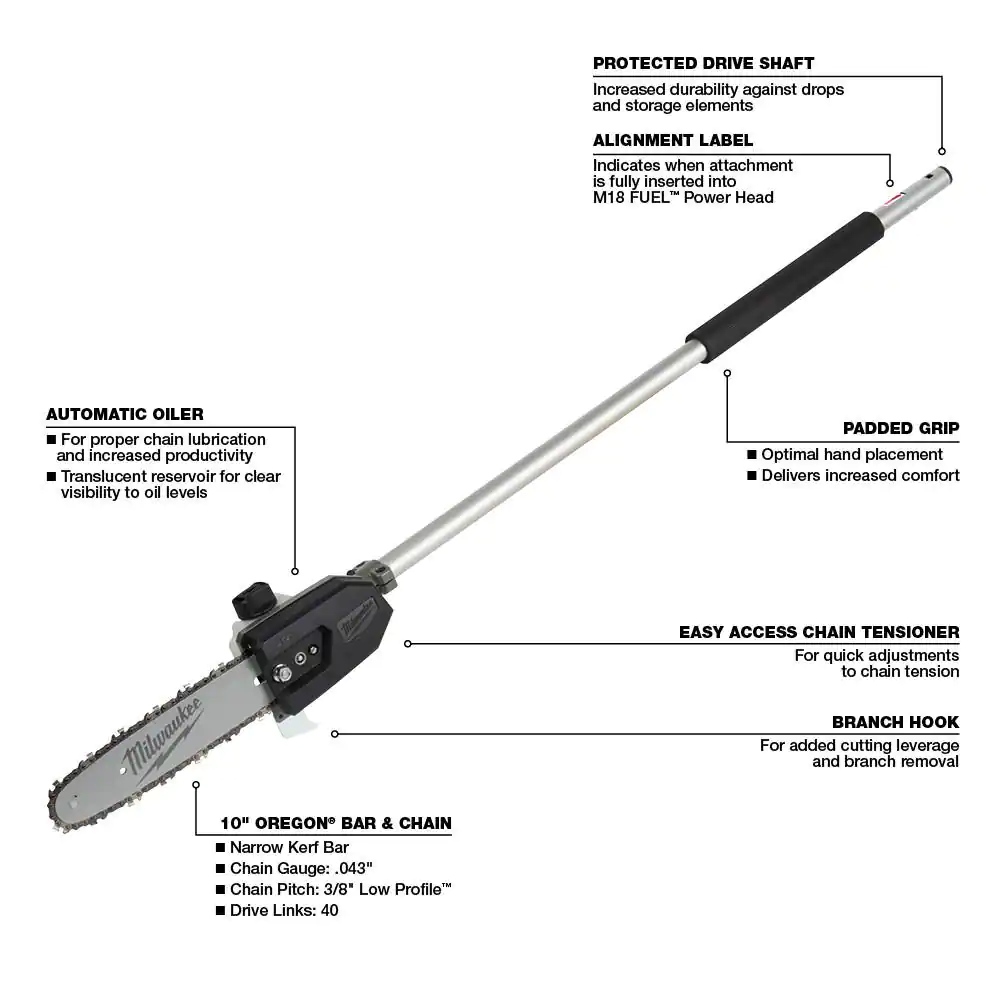 Milwaukee 1004123268 M18 FUEL QUIK-LOK 10 in. Pole Saw Attachment (Tool-Only)