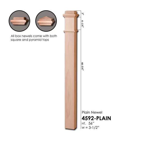 HOUSE OF FORGINGS RO-4592-PLAIN 56 in. x 3-1/2 in. Red Oak Contemporary Style Wood Box Newel Post