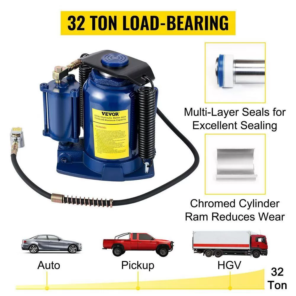 VEVOR QDYYQJDQCW32TGNR2V0 32-Ton Air Hydraulic Bottle Jack Pneumatic/Manual Dual Operation High Lift Pneumatic Hydraulic Bottle Jack