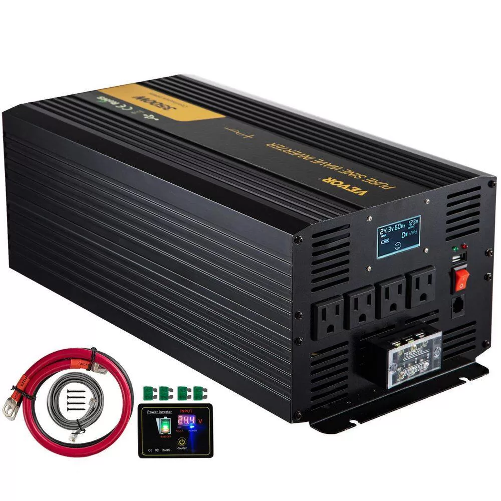 VEVOR CZXNBQDMKWKDDNOL6V9 Pure Sine Wave Inverter 3500-Watt Car Power Converter DC24-Volt to AC120-Volt with USB Port, LCD Display Remote Control