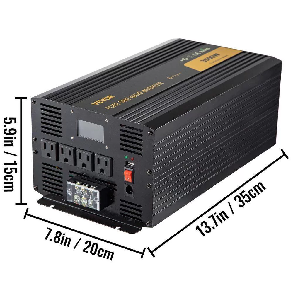 VEVOR CZXNBQDMKWKDDNOL6V9 Pure Sine Wave Inverter 3500-Watt Car Power Converter DC24-Volt to AC120-Volt with USB Port, LCD Display Remote Control