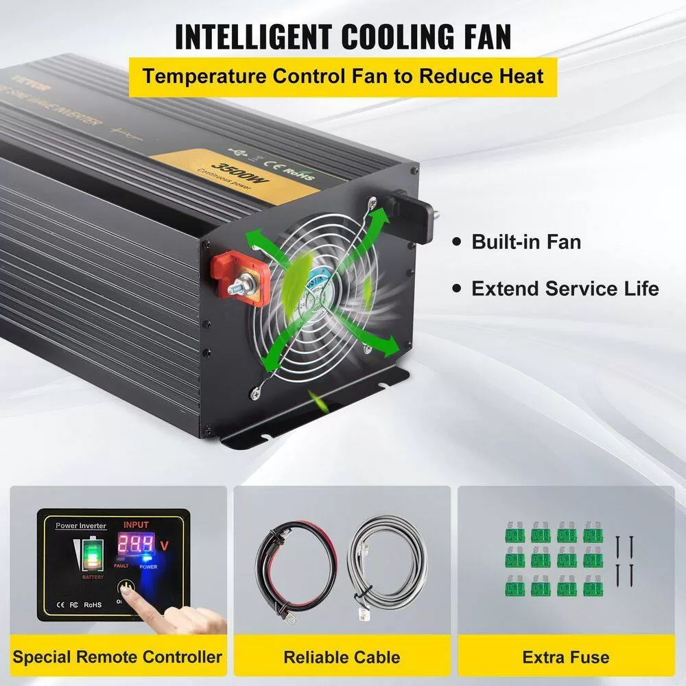 VEVOR CZXNBQDMKWKDDNOL6V9 Pure Sine Wave Inverter 3500-Watt Car Power Converter DC24-Volt to AC120-Volt with USB Port, LCD Display Remote Control