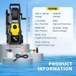 VEVOR DDG176GPM110VE5SAV1 Electric Pressure Washer 2000 PSI Max. 1.76 GPM Power Washer with 30 ft. Hose & Reel, 5 Quick Connect Nozzles,ETL Listed