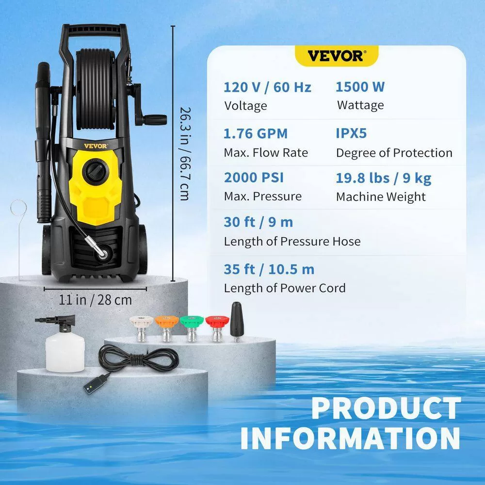 VEVOR DDG176GPM110VE5SAV1 Electric Pressure Washer 2000 PSI Max. 1.76 GPM Power Washer with 30 ft. Hose & Reel, 5 Quick Connect Nozzles,ETL Listed