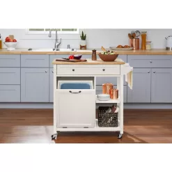 StyleWell Bainport Ivory Wooden Rolling Kitchen Cart Butcher Block Top and Trash Storage (34