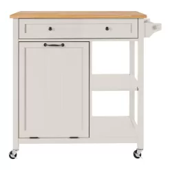 StyleWell Bainport Ivory Wooden Rolling Kitchen Cart Butcher Block Top and Trash Storage (34