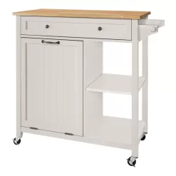 StyleWell Bainport Ivory Wooden Rolling Kitchen Cart Butcher Block Top and Trash Storage (34