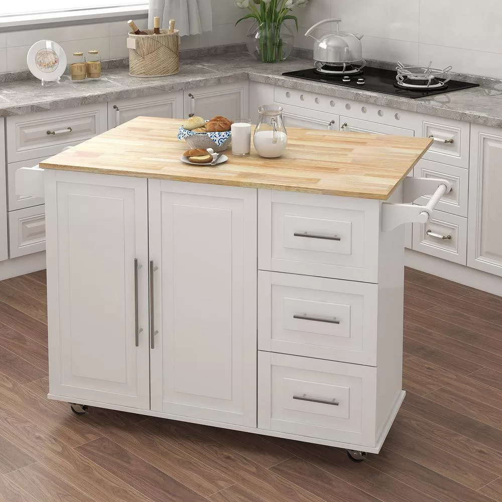 Tileon White Kitchen Island with Extensible Solid Wood Folding Table Top and Towel Rack