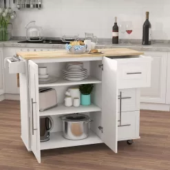 Tileon White Kitchen Island with Extensible Solid Wood Folding Table Top and Towel Rack