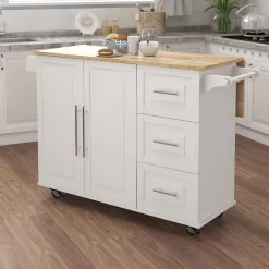 Tileon White Kitchen Island with Extensible Solid Wood Folding Table Top and Towel Rack