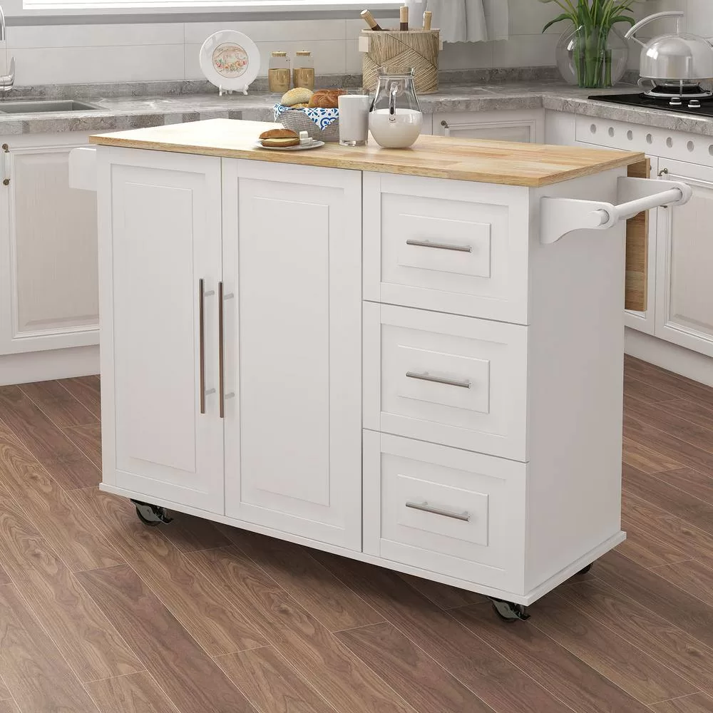 Tileon White Kitchen Island with Extensible Solid Wood Folding Table Top and Towel Rack