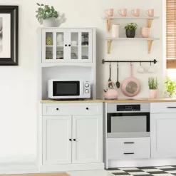 VEIKOUS 72 in. H White Kitchen Pantry Hutch Cabinet Storage with Buffet Cupboard, Microwave Stand and Adjustable Shelves