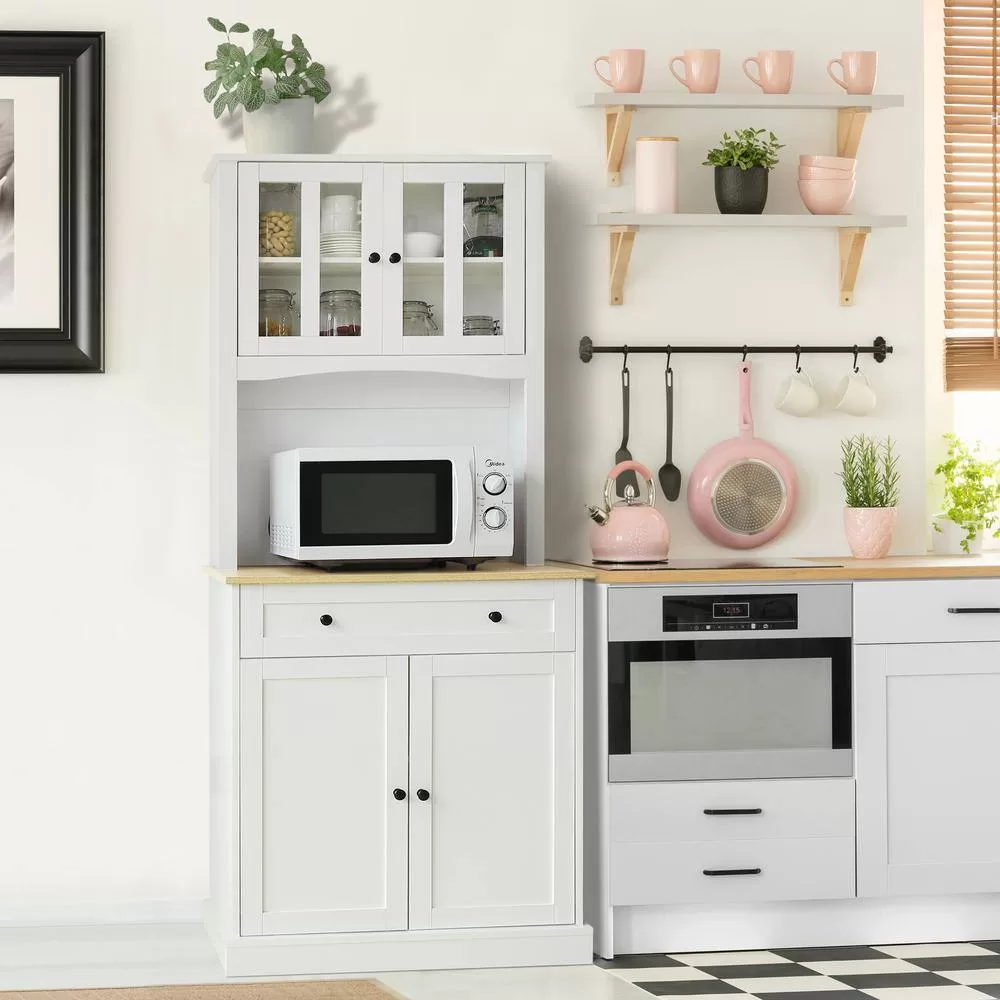 VEIKOUS 72 in. H White Kitchen Pantry Hutch Cabinet Storage with Buffet Cupboard, Microwave Stand and Adjustable Shelves